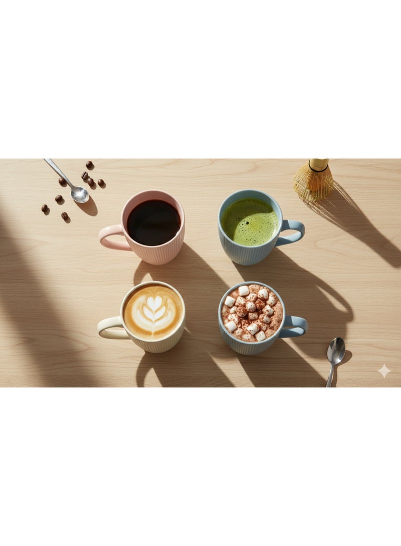 طقم أكواب قهوة وشاي سيراميك مودرن فاخر عدد 4 مجات بورسلين مطفي كبيرة سعة 550 مل بمقبض مريح – تصميم مضلع Ribbed Fluted بخطوط عمودية بارزة مستوحى من الطراز الاسكندنافي Scandi Style – ألوان باستيل هادئة (وردي فاتح، بيج كريمي، أزرق سماوي، رمادي مزرق فاتح) – أكواب قهوة ولانتيه وكابتشينو وشاي وماتشا وحليب – مثالية للمطبخ العصري وركن القهوة والديكور المنزلي والهدايا الراقية والاستخدام اليومي - Image 4